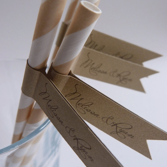 Wedding Favor Straws And Flags - Personalised X 25 - Gold Wedding Favour
