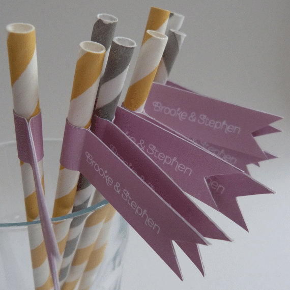 Wedding Favor Straws And Flags - Personalised X 50 - Pink Yellow Grey Wedding Favour