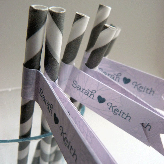 Wedding Favor Straws And Flags - Personalised X 50 - Silver And Pink Wedding Favour
