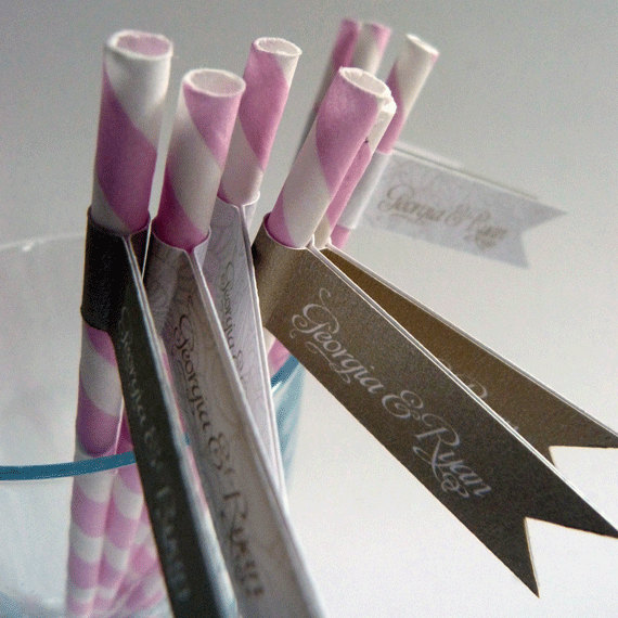 Wedding Favor Straws And Flags - Personalised X 25 - Pink Gold Ivory Wedding Favour