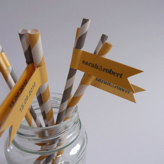 Wedding Favour Straws And Flags - Personalised X 50 - Yellow Silver Grey Wedding Favour