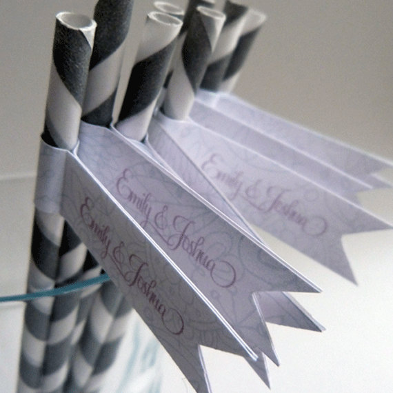 Wedding Favor Straws And Flags - Personalised X 50 - White Pink Silver Wedding Favour